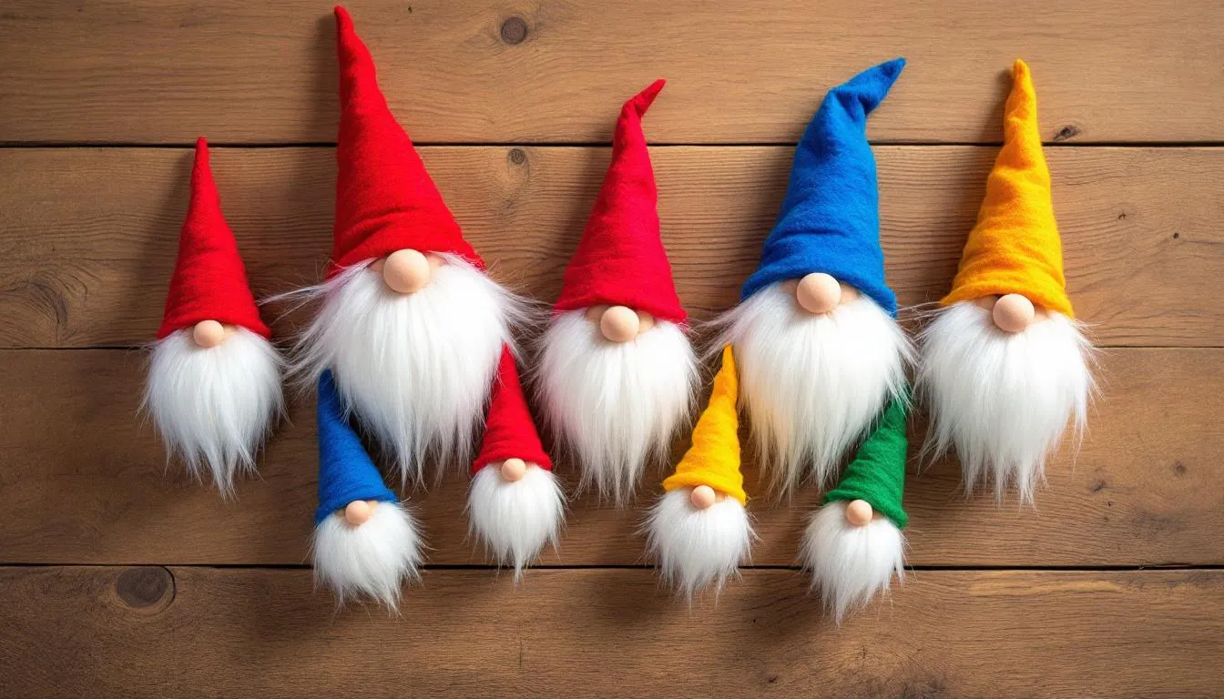 A whimsical arrangement of various sized gonks with fluffy white beards and colorful pointed hats sits on a wooden surface, evoking a cosy atmosphere reminiscent of Nordic and Scandinavian folklore. These charming figures add a festive touch, perfect for celebrating the winter solstice and enhancing your Christmas decor.