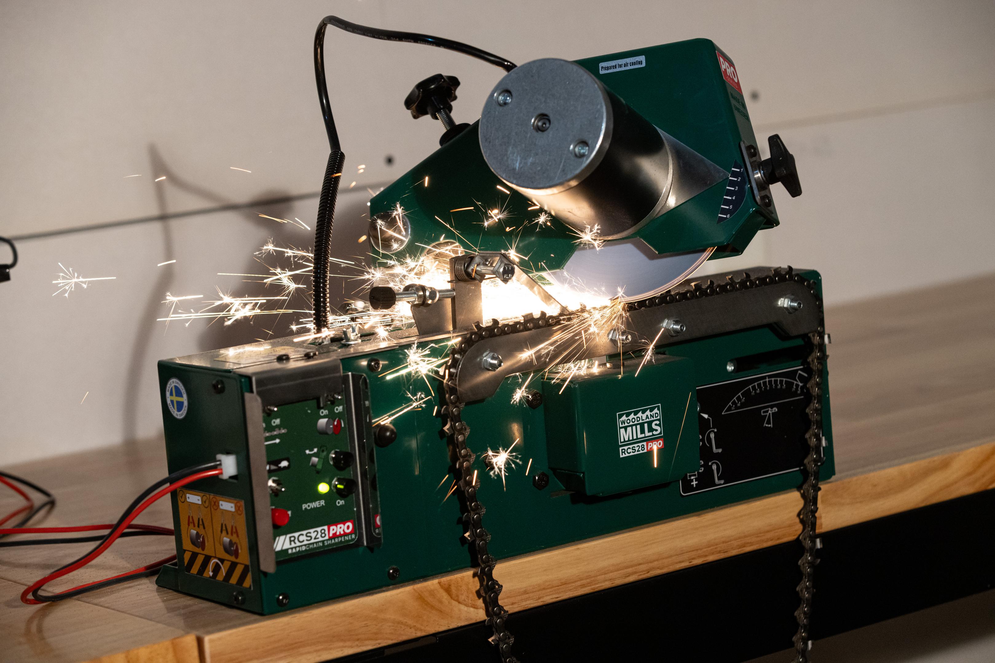 An RCS28 PRO Chainsaw Chain Sharpener, used to file the cutting teeth, gullets and depth gauges of a chainsaw chain.