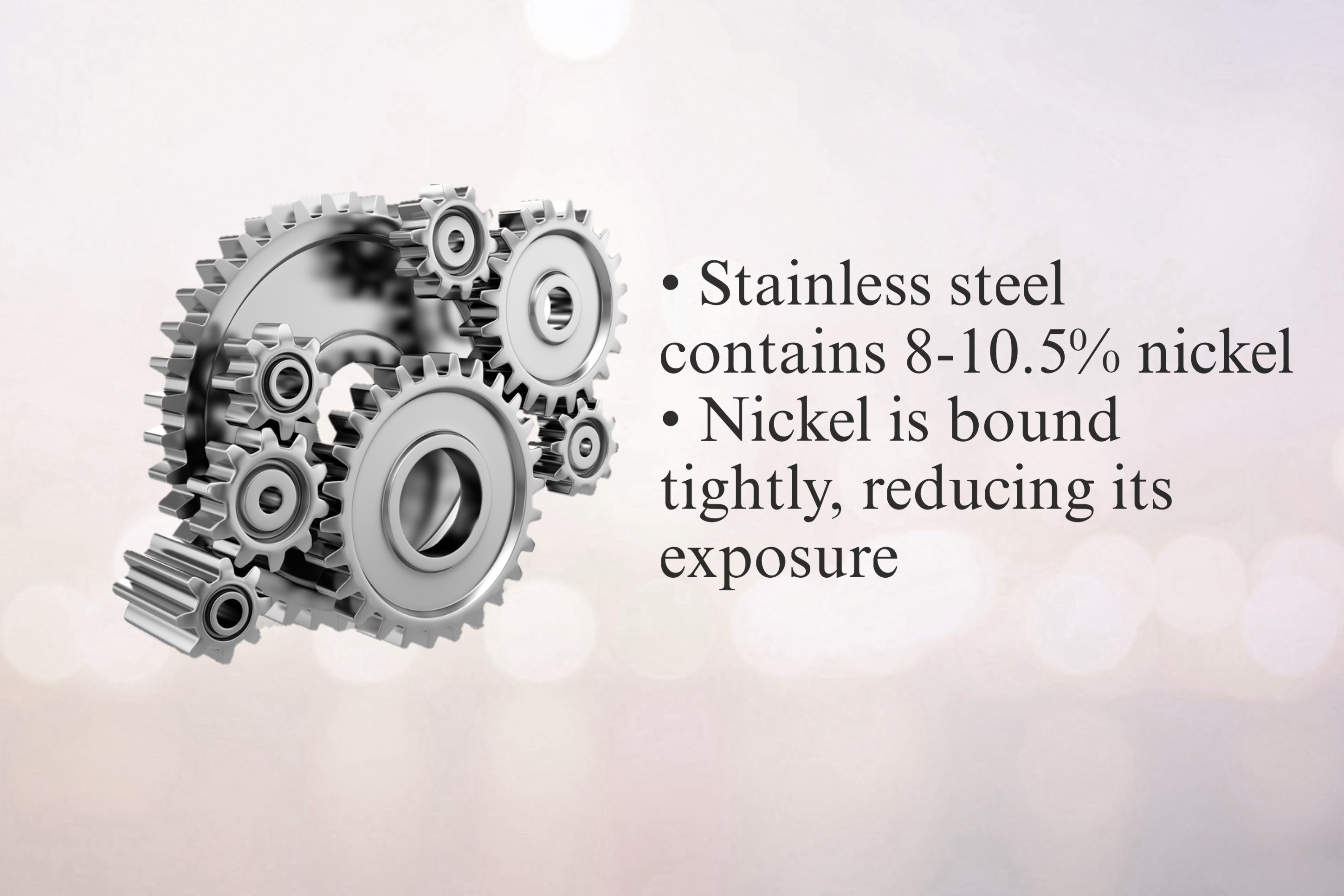 A set of gears made of stainless steel on a light pink background, with annotations highlighting the nickel content in stainless steel.