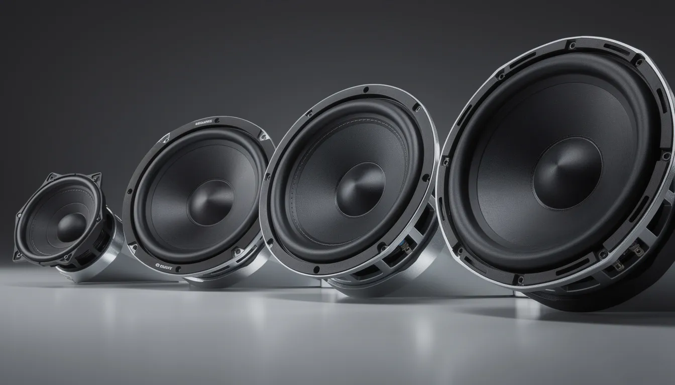 The image displays multiple car subwoofers of varying sizes, including 8 inch, 10 inch, 12 inch, and 15 inch models, arranged side by side. Each subwoofer is designed for a car audio system, showcasing different power handling capabilities and specifications that affect sound quality and performance.