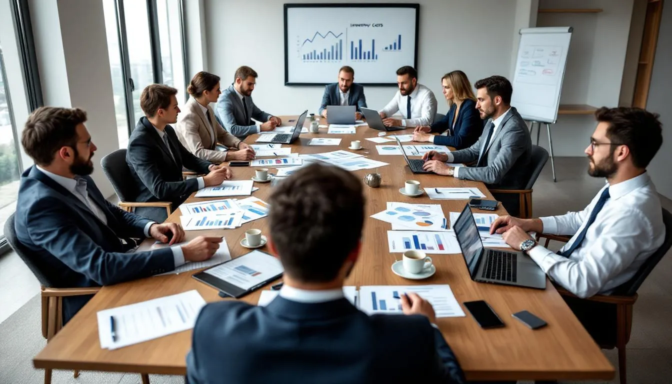 A group of hotel managers is gathered around a conference table, actively reviewing financial reports and charts that illustrate inventory costs and room availability, emphasizing the importance of effective hotel inventory management. The meeting highlights strategies for improving operational efficiency and maximizing revenue in the hospitality industry.