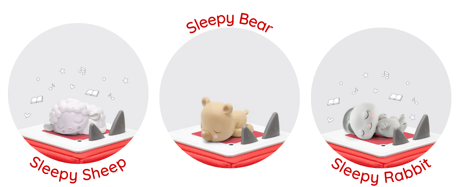 Sleepy time characters sleeping on top of their toniebox telling soft and simple bedtime stories