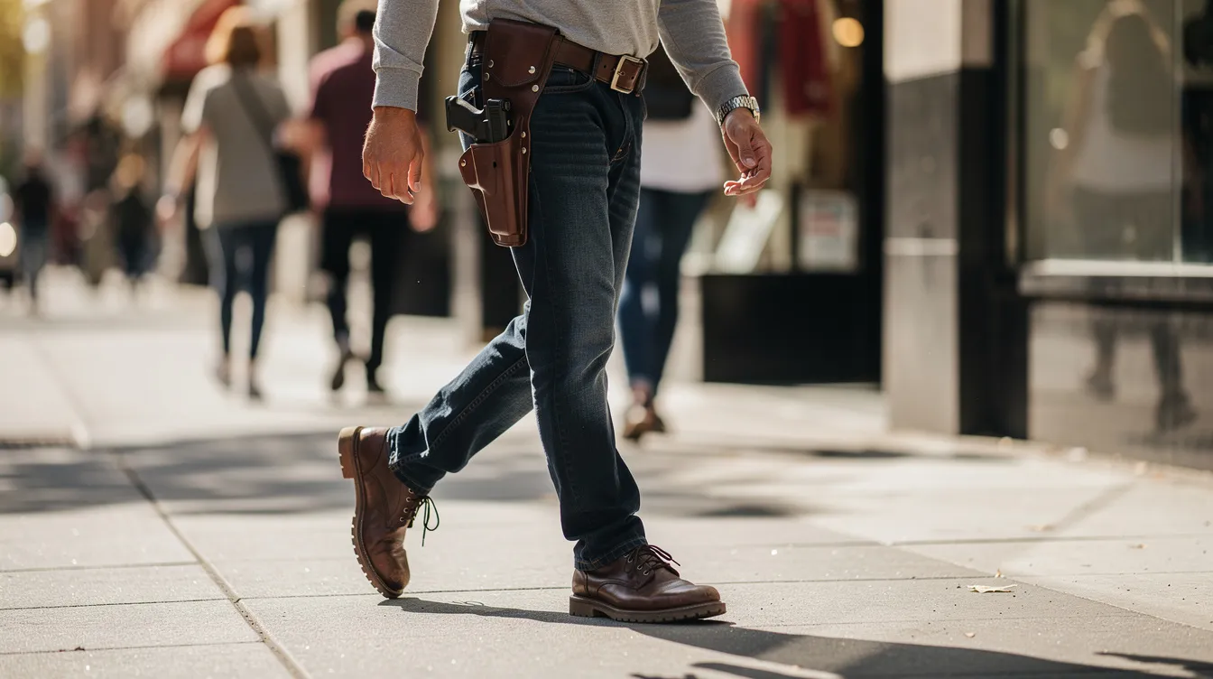 A person is seen walking on a sunlit sidewalk with a visible hip holster, indicating they are carrying a concealed weapon. This image reflects the realities of gun laws and the importance of having a valid concealed carry permit in accordance with Nevada state law.