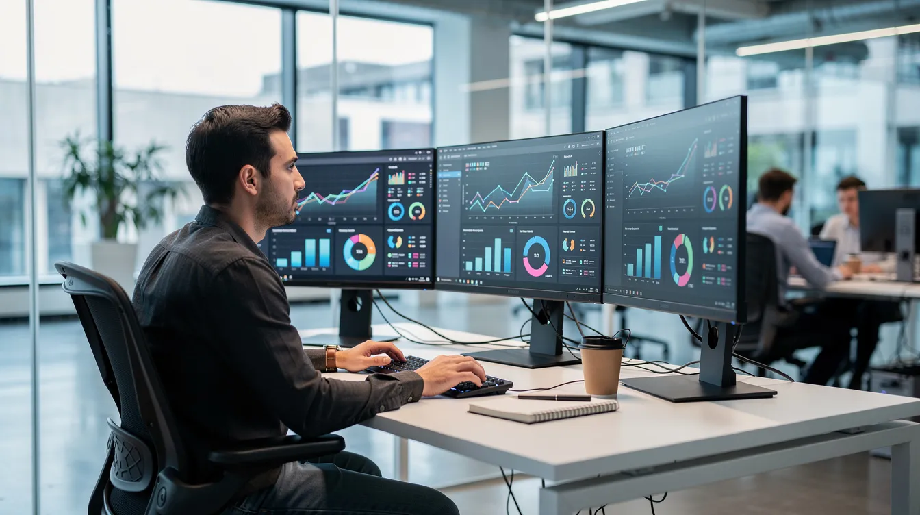 Person reviewing usage metrics and billing data across multiple analytics monitors.