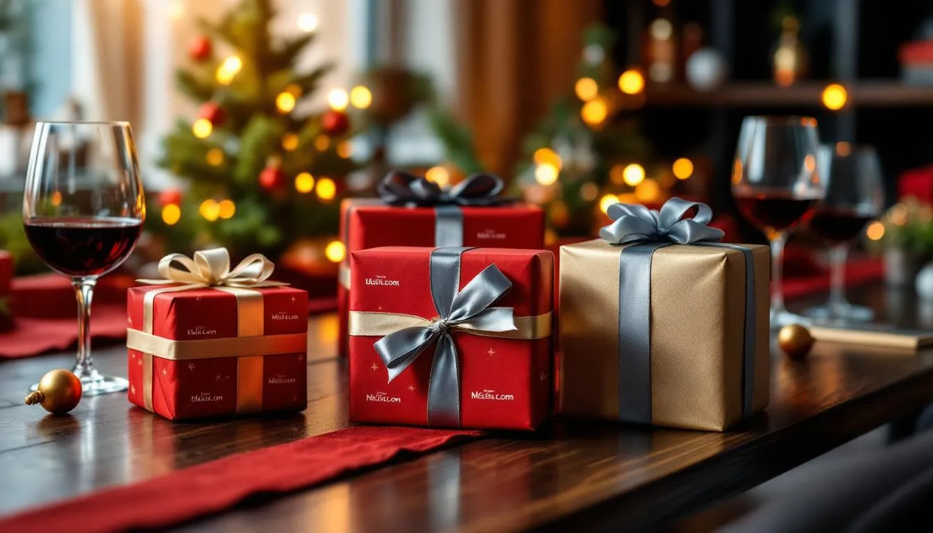 Auf einem festlich dekorierten Schreibtisch liegen elegante Weihnachtsgeschenke mit Firmenlogo, umgeben von weihnachtlichen Sternen und einer gemütlichen Weihnachtsstimmung