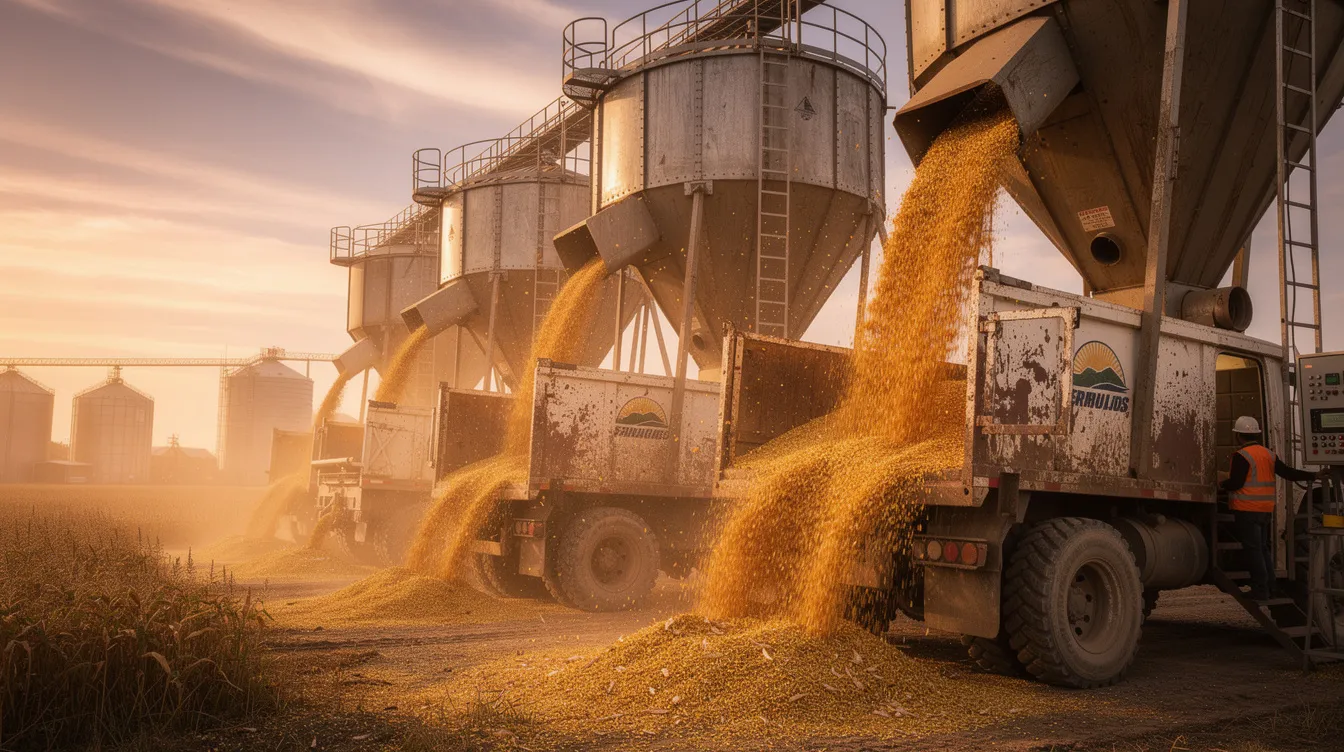 e716b35c f919 4675 9f7e a9629a66f72b Harvested golden maize is being loaded from farm trucks into large industrial storage hoppers, highlighting the essential role of grain in ethanol production capabilities. This process supports India's ethanol blending programme, contributing to sustainable growth and reducing import dependency.