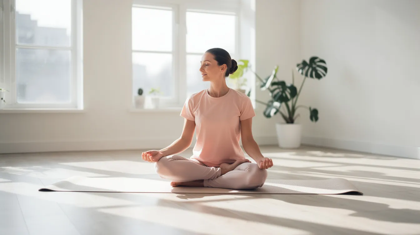 Une femme pratique du yoga doux dans un espace lumineux, favorisant son bien-être et sa relaxation. Cette activité peut être bénéfique pour les femmes atteintes du syndrome des ovaires polykystiques (SOPK), en aidant à gérer les douleurs et à améliorer le cycle menstruel.