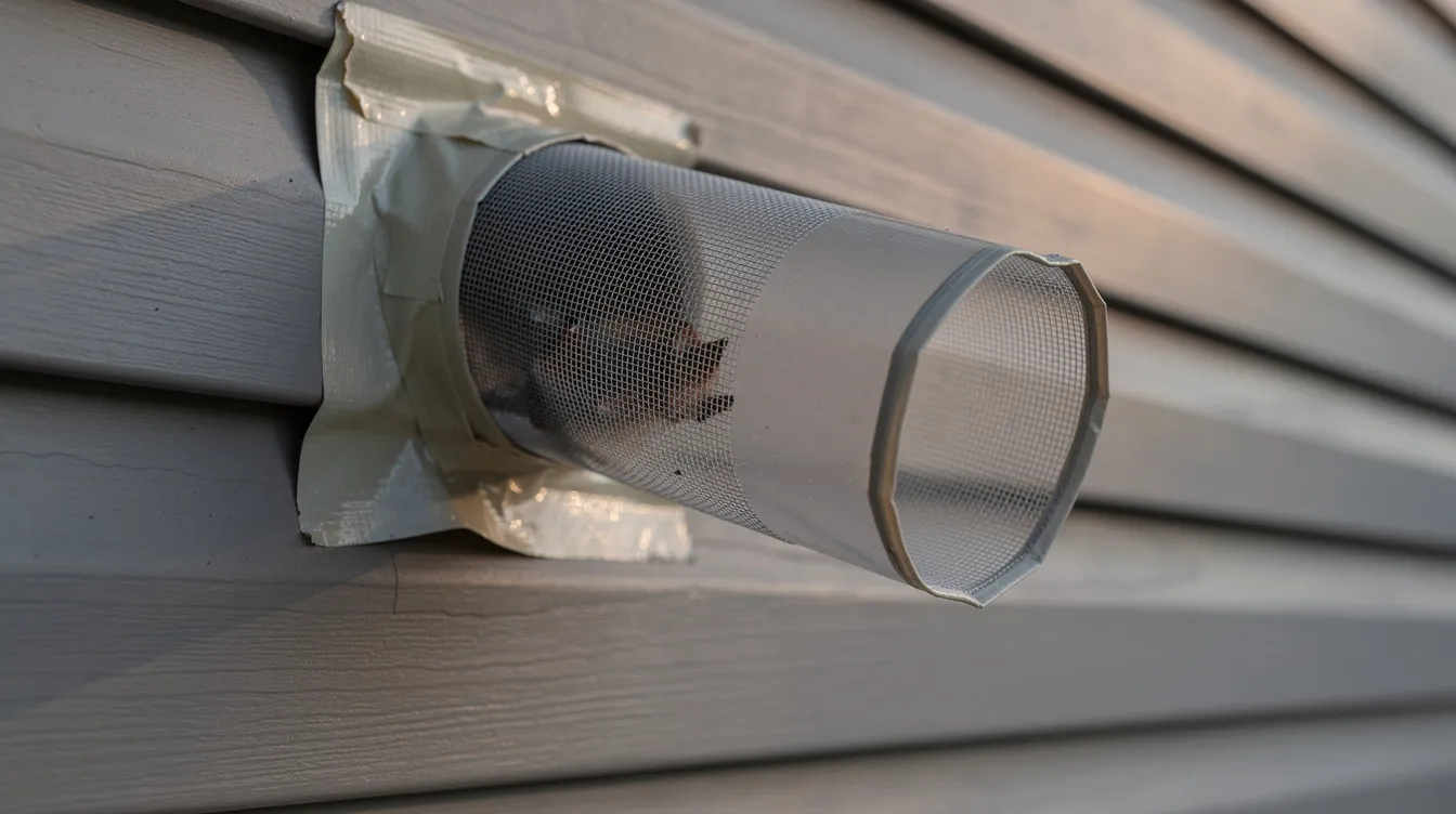 The image shows a one-way bat exclusion device securely installed over a gap in building siding, designed to prevent bats from re-entering while allowing them to exit safely. This humane bat removal method helps address potential bat infestations by sealing entry points and reducing the risk of bat droppings and health hazards.