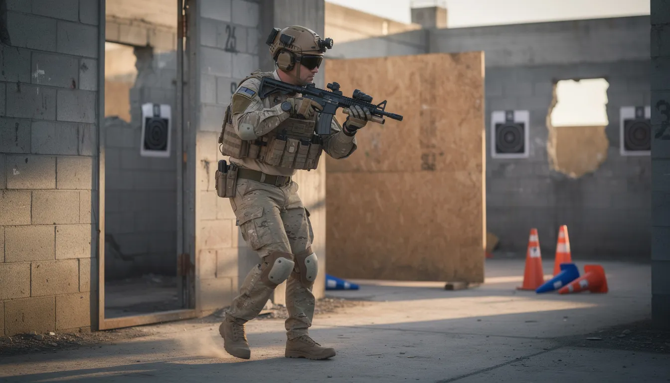 The image depicts a tactical operator in full gear, maneuvering through an urban training environment, showcasing the military's standard issue firearm, the M4 carbine. The operator is equipped with various accessories and optics, emphasizing the weapon's lightweight design and versatility for close quarters combat.