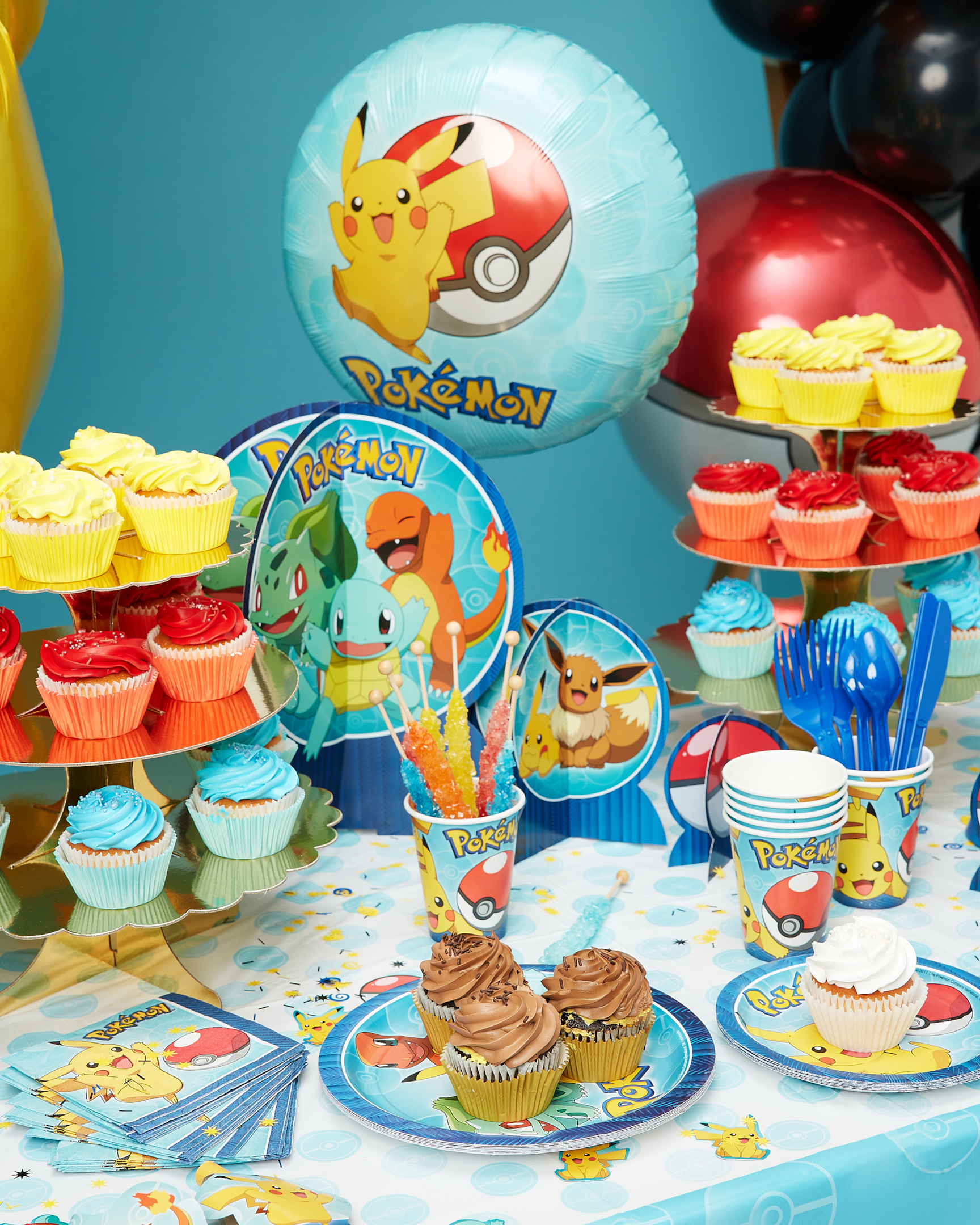 Pokémon party supplies and foil balloons.