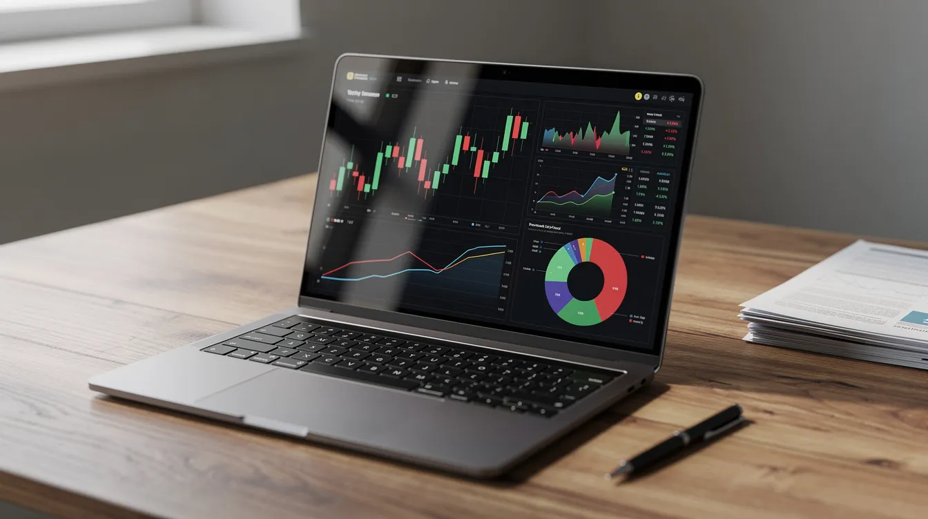 The image shows a laptop on a wooden desk, with financial charts and graphs displayed on the screen, indicating a detailed project report that could relate to a mudra loan project report. This setup suggests a focus on business planning and financial analysis, essential for small finance banks and micro enterprises seeking funding.