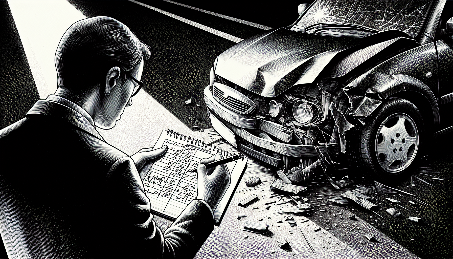 Illustration of a person evaluating car accident damages