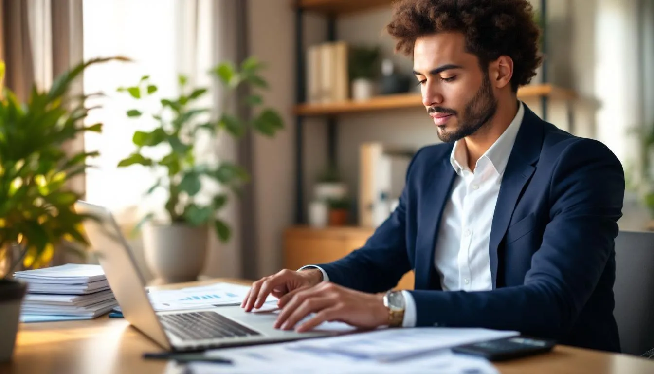 A person is seated at a desk in a home office, reviewing financial documents and budget spreadsheets, showcasing their analytical skills and critical thinking as they plan for a potential career change or new job opportunities. The scene reflects a focus on project management and the pursuit of professional development in a changing job market.