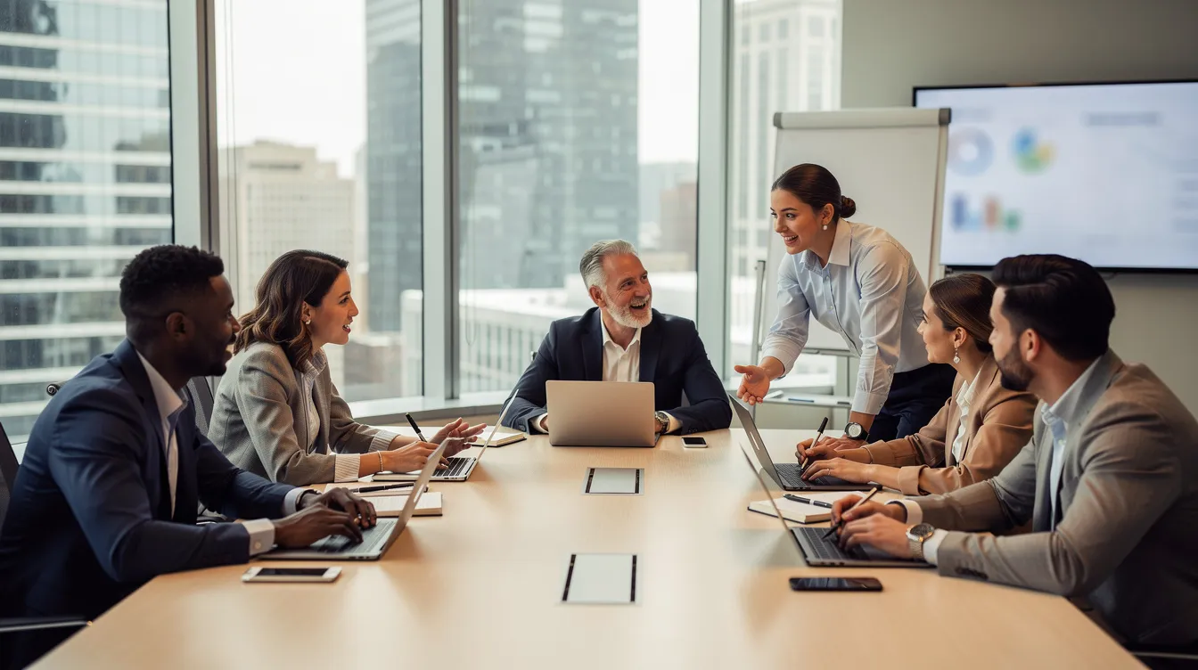 A diverse team of professionals is collaborating around a conference table, equipped with laptops and notebooks, discussing key aspects of the audit process, including financial statements and compliance audits. Their engagement reflects a commitment to improving audit efficiency and ensuring accurate financial records for better decision-making in today's business landscape.
