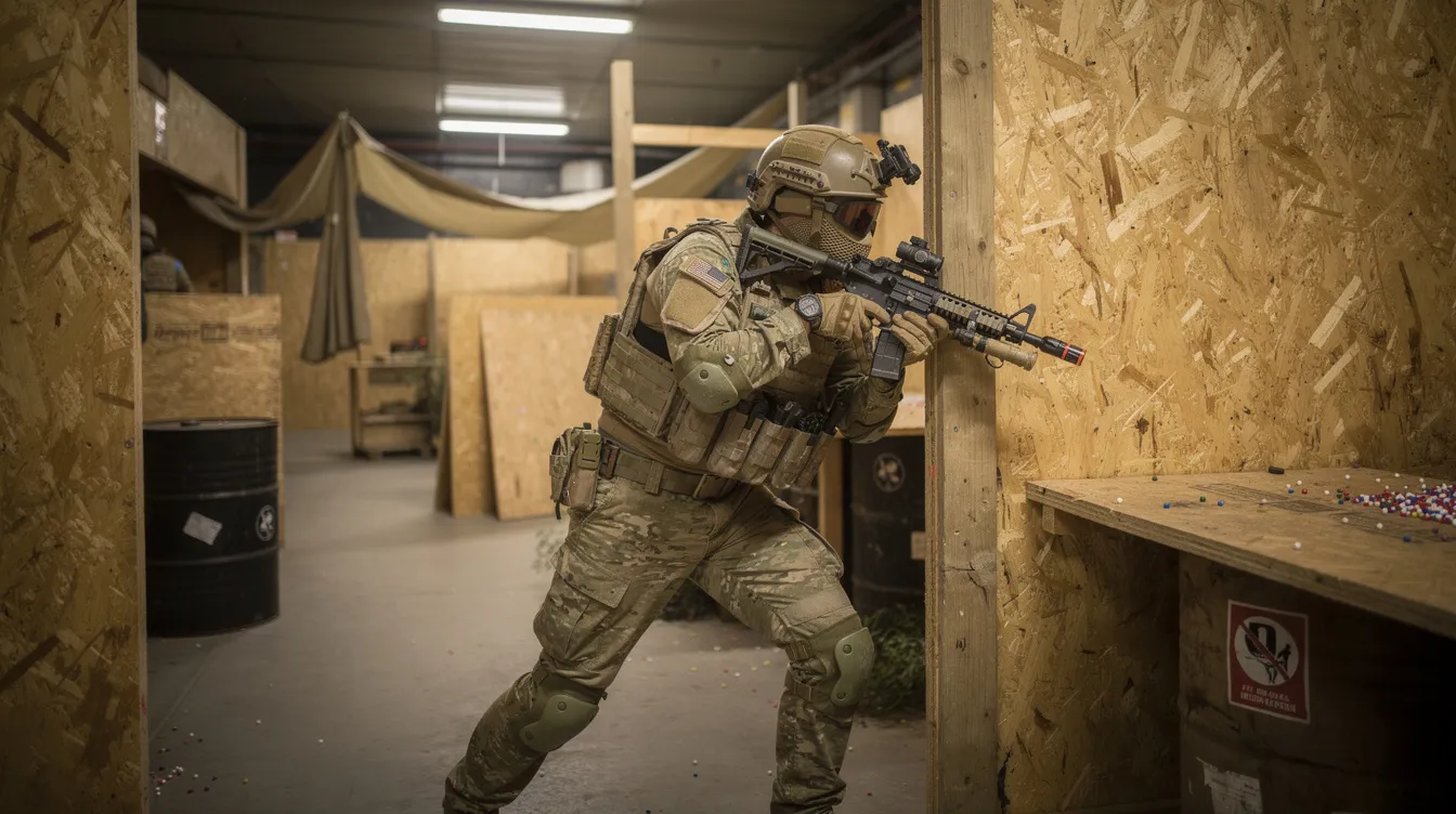 An airsoft player is demonstrating the slice-the-pie technique at a wooden doorframe within an indoor arena, showcasing essential close quarters combat (CQC) skills. This tactical movement is crucial for room clearing and engaging immediate threats in confined spaces, emphasizing the importance of proper CQB training and team coordination in tactical operations.