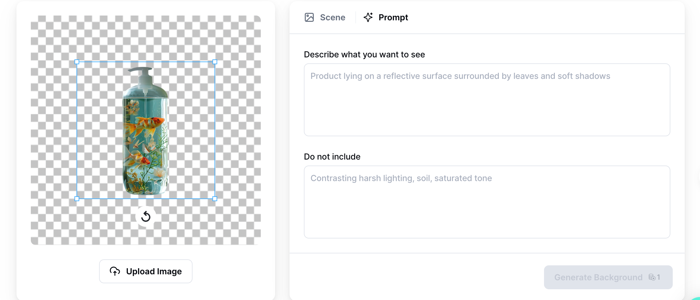Kittl interface showing AI product mockup generation with text input box for describing visual scene and exclusion fields for background refinement.