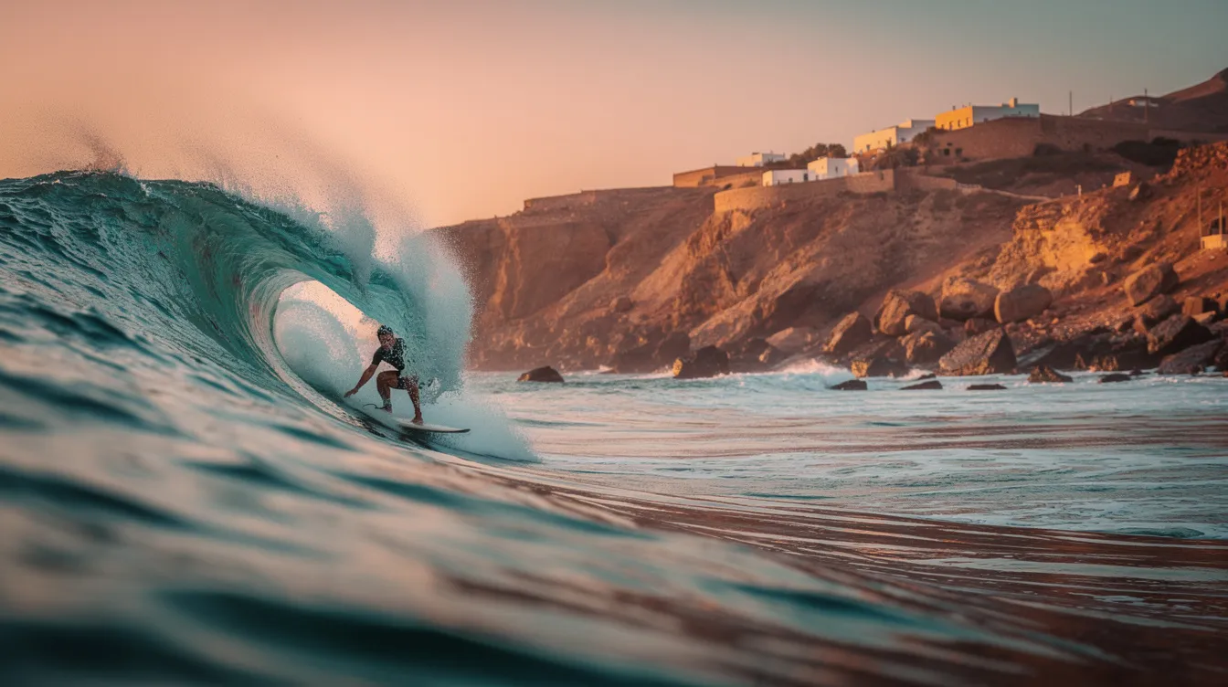 A surfer skillfully rides a long right-hand wave along the rocky Moroccan coastline, showcasing the beautiful surf scene of Morocco. The backdrop features rugged cliffs and the vast Atlantic Ocean, capturing the essence of a surfer's paradise with consistent waves and a relaxed atmosphere.
