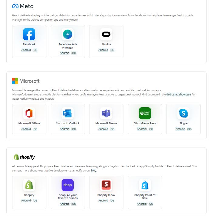 Comapnies using react native for front end showcase https://reactnative.dev/showcase