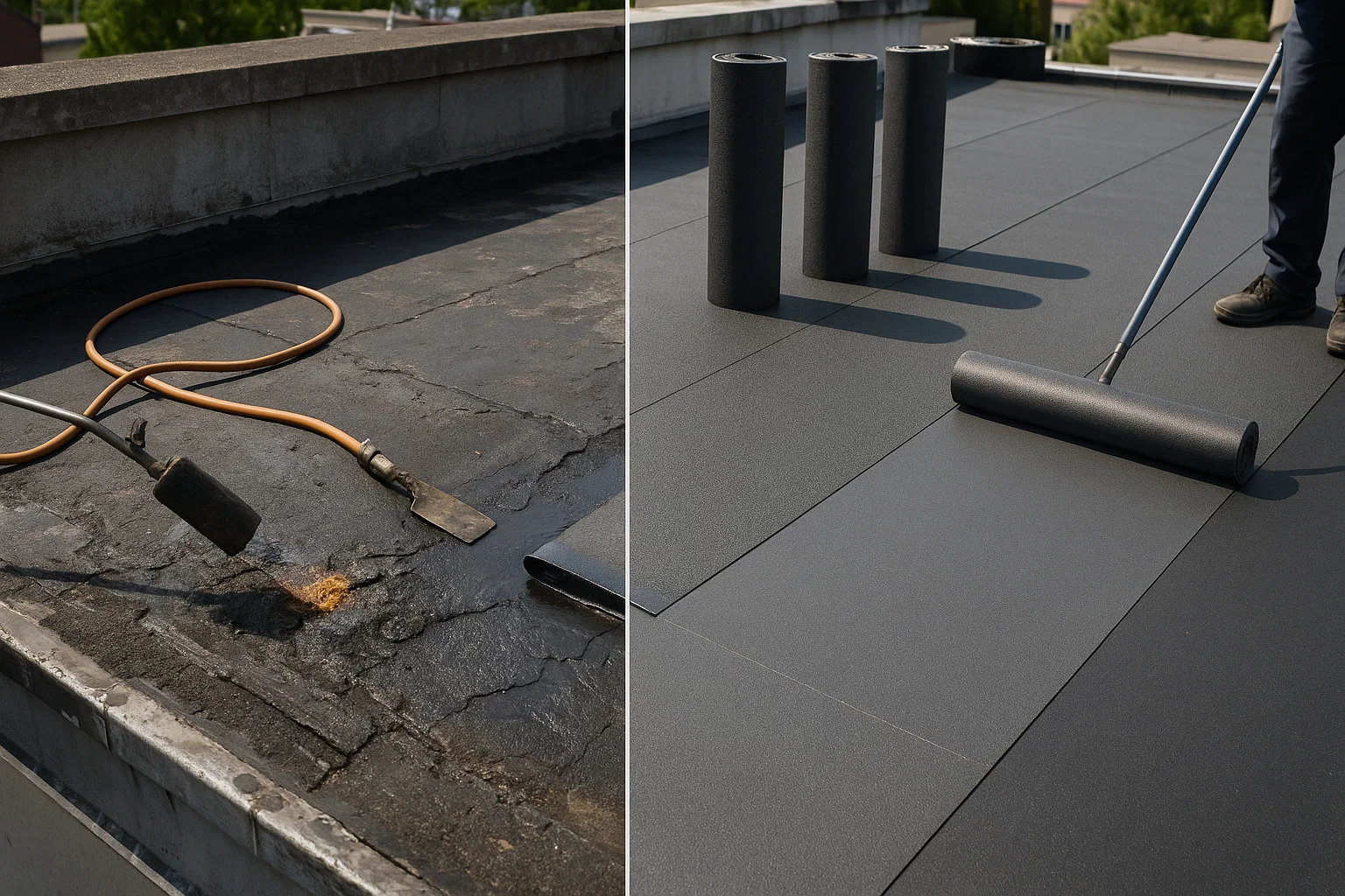 Flat roof showing partial repair and replacement in progress.