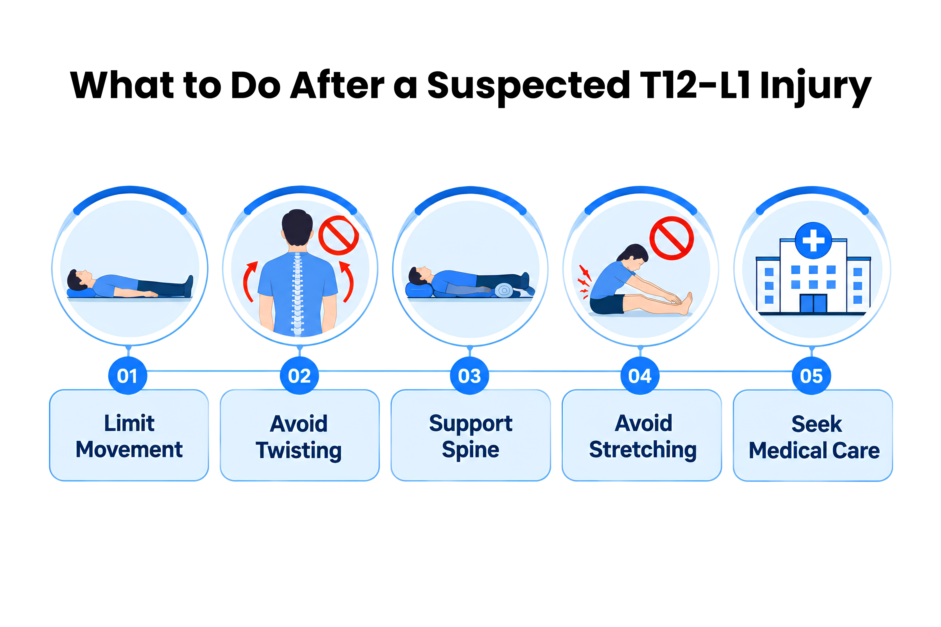 Infographic outlines five steps after suspected T12-L1 injury: limit movement, avoid twisting, stretching, seek care.
