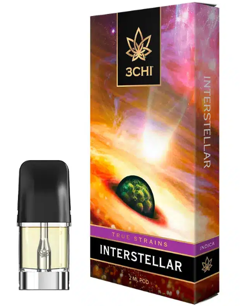 3CHI's HHC cartridge and Delta 8 oil is seen inside the pod. When the tank is empty, the pod is disposable.