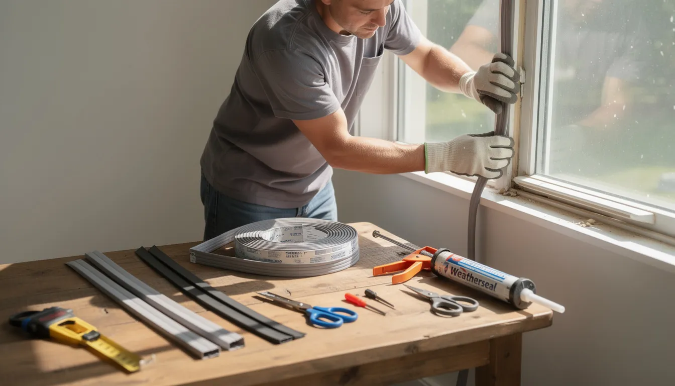 A person is sealing window gaps with weatherstripping materials, surrounded by various tools laid out on a table. This task helps improve the home's energy efficiency by preventing heat loss, ultimately reducing energy costs and lowering energy bills.
