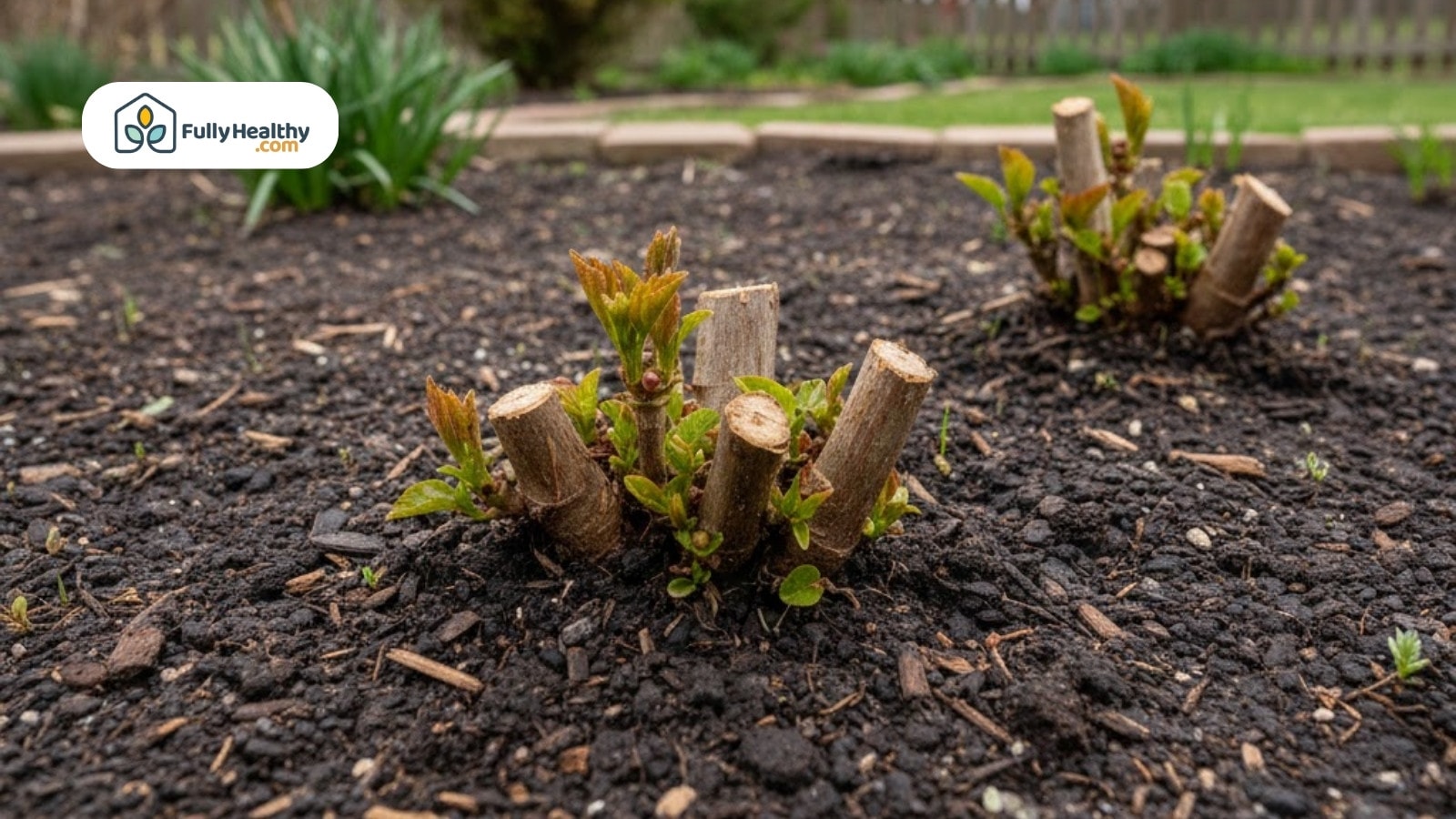 Pruned shrub stumps sprouting fresh green growth in garden soil