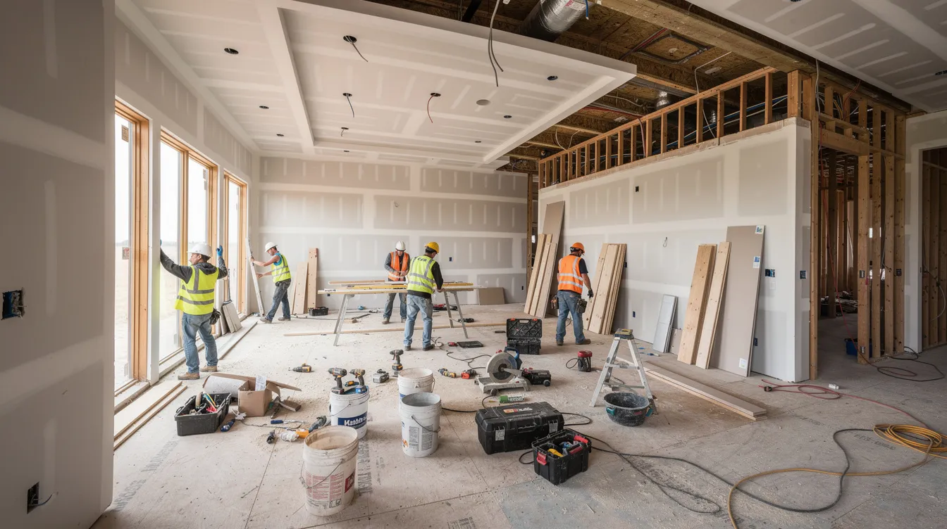 The image depicts a construction crew actively engaged in the interior renovation of a residential property, surrounded by various tools and materials. This scene reflects the hard money financing often utilized by real estate investors for fix and flip projects, highlighting the importance of efficient loan approval processes and the role of hard money lenders in the renovation industry.