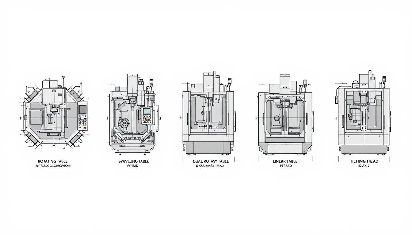 The image displays various configurations of five-axis CNC machines, illustrating both table/table and head/head arrangements. These setups enable the machining of complex parts with intricate details, utilizing multiple rotary axes and linear axes to achieve high precision and optimal angles for producing intricate shapes and components.