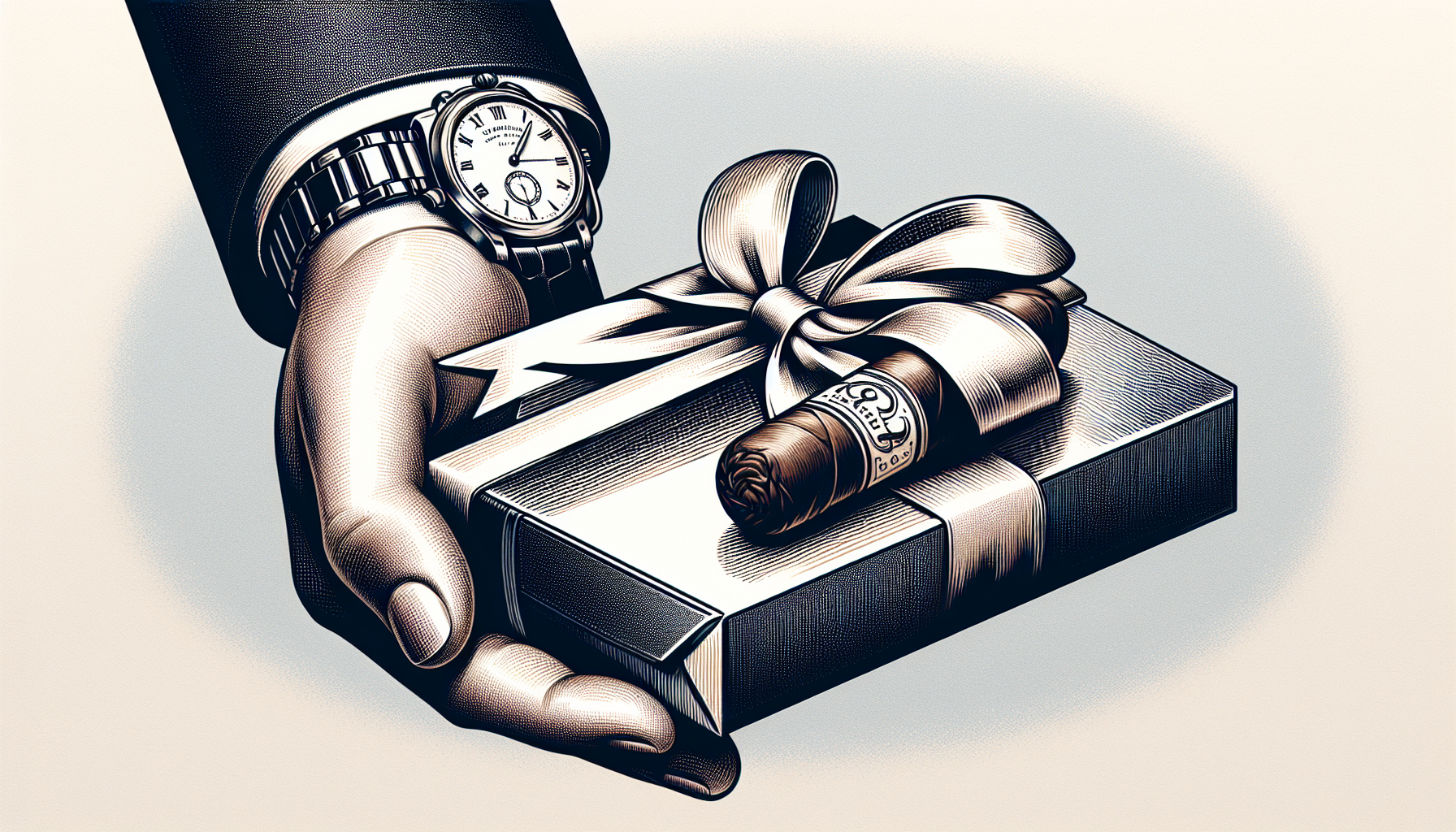 Illustration of a hand presenting a wrapped cigar magazine subscription as a gift