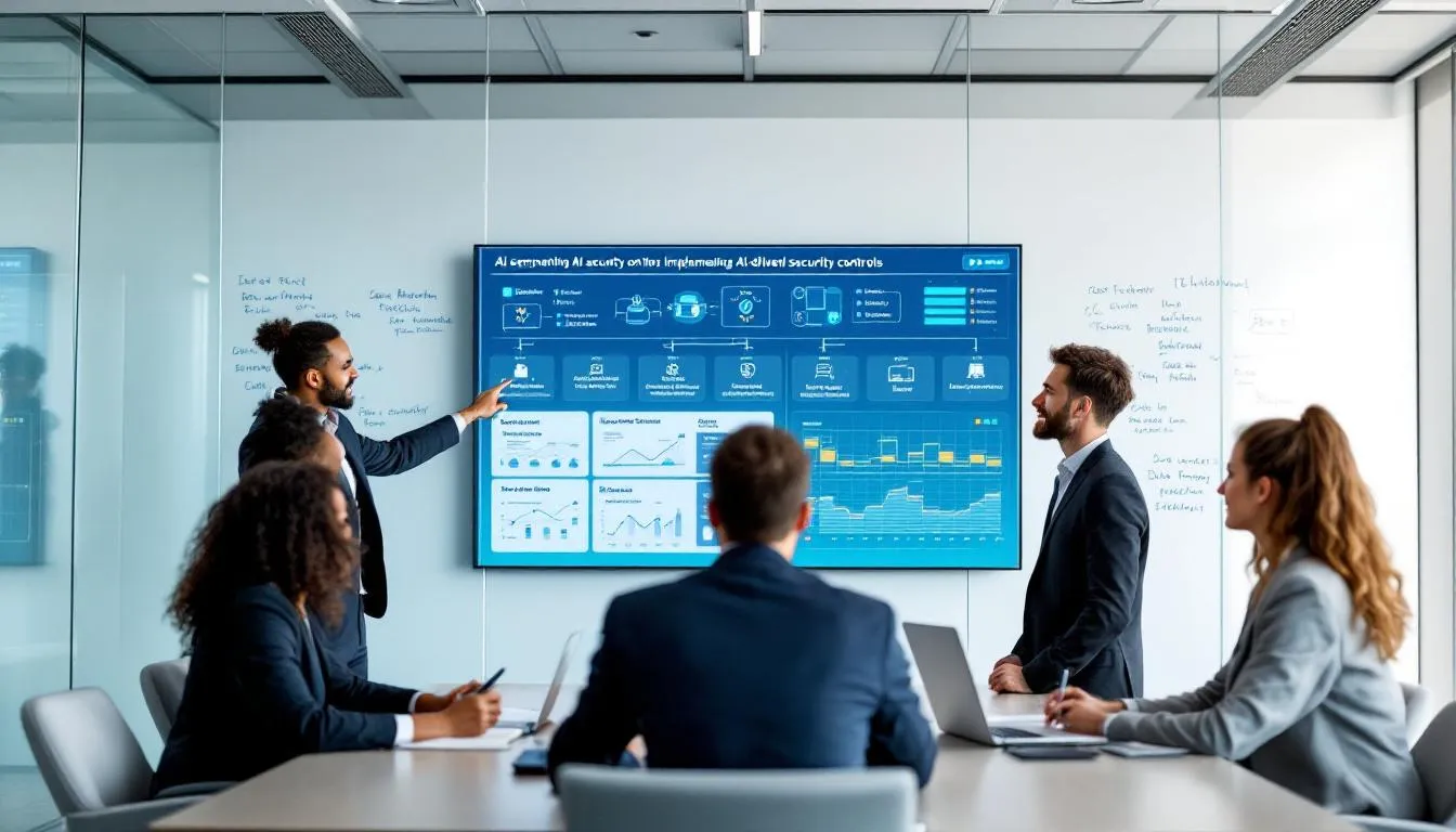 The image shows a modern enterprise security team engaged in a collaborative discussion about implementing AI security controls to protect sensitive data and mitigate AI security risks. They focus on zero trust security architecture and the importance of strict access controls to safeguard against unauthorized access and potential security threats.