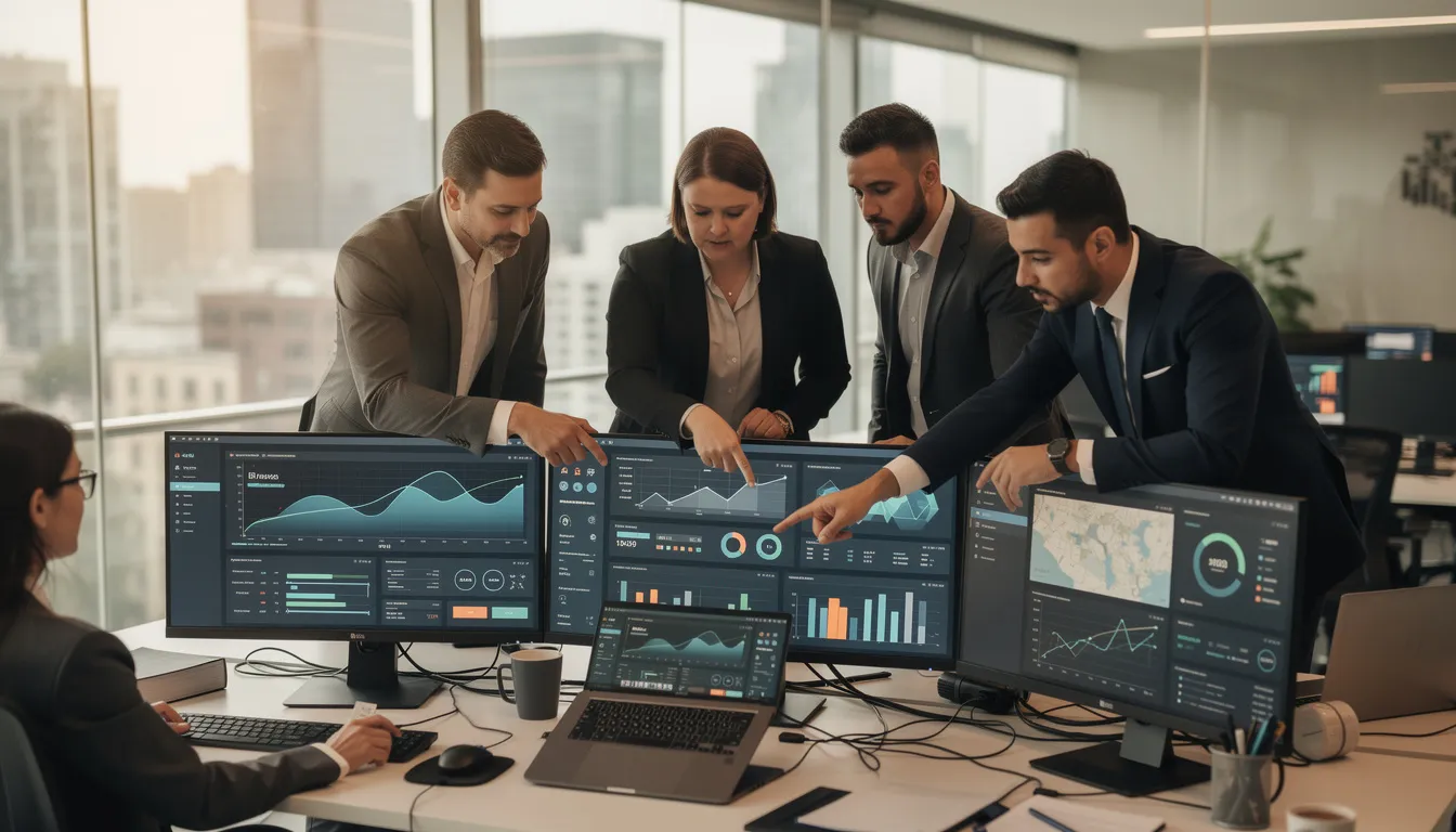 A professional team is gathered in a modern office, intently reviewing financial data displayed on multiple computer monitors. The scene highlights the importance of credit monitoring services as they analyze credit reports and discuss strategies to protect against identity theft.