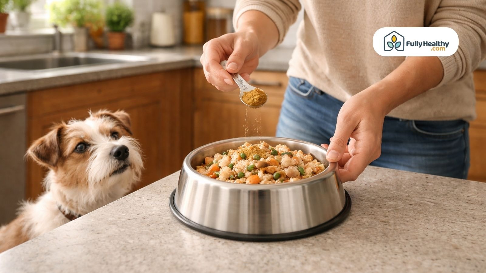 Person sprinkles supplement into dog food while terrier watches eagerly