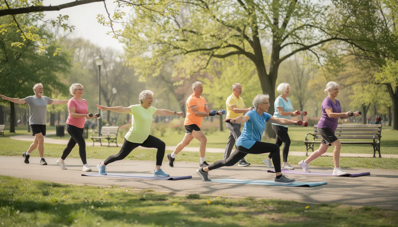 The image depicts active older adults engaging in various exercises outdoors in a park, promoting good health and combating age-related diseases. Their activities suggest a focus on maintaining physical fitness, which can help slow aging and reduce the risk of cardiovascular disease and other age-related conditions.