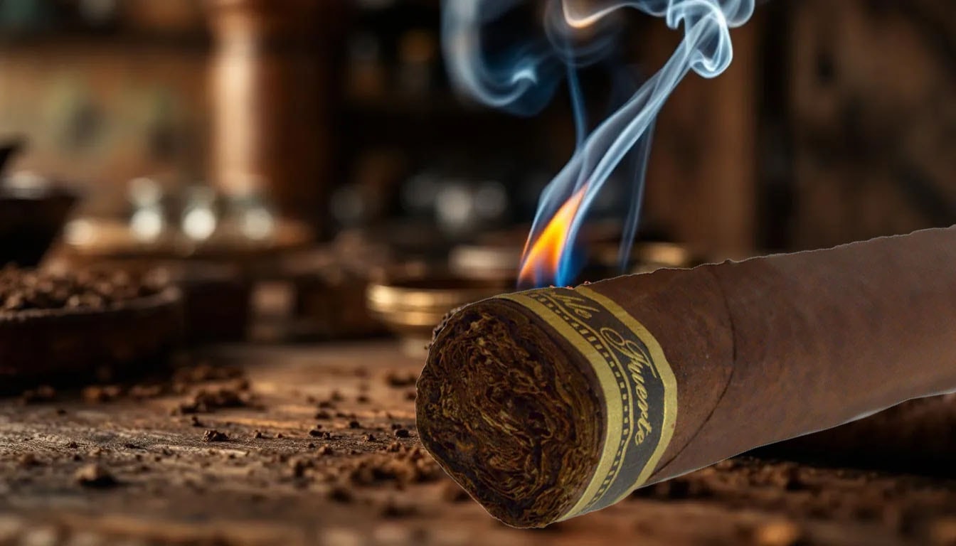 A close-up of a dark corojo cigar being lit, emphasizing the rich flavors and smoking experience.
