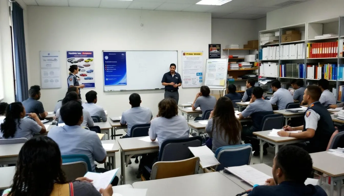 En la imagen se muestra un centro de formación donde varios estudiantes participan en un curso de capacitación profesional para el transporte, rodeados de materiales educativos relacionados con la obtención del título de transportista. Los alumnos están enfocados en aprender sobre la gestión comercial y financiera en el sector del transporte de mercancías y viajeros.