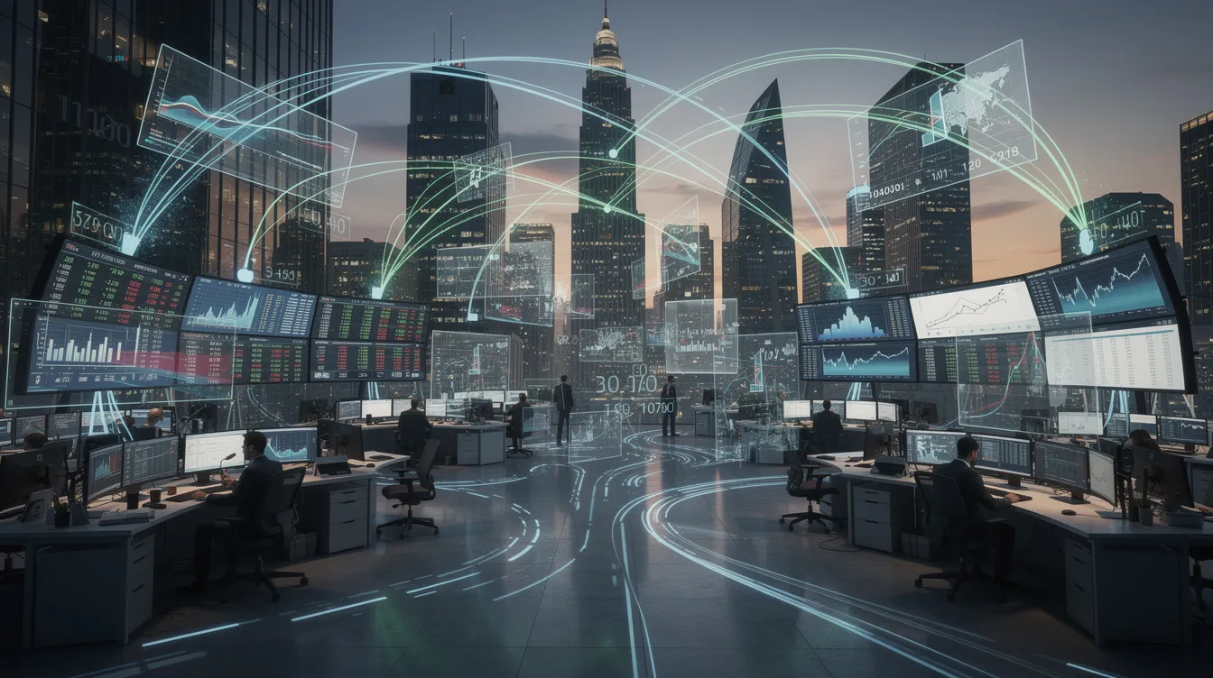 The image depicts a panoramic view of interconnected financial exchange trading floors, showcasing digital data streams flowing dynamically between cities. This visualization highlights the concept of smart order routing, emphasizing the importance of trading efficiency and execution quality across multiple trading venues in global markets.