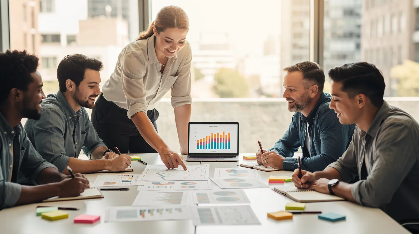 A small business team is gathered around a conference table, actively reviewing charts and plans that illustrate their growth strategy for expanding their market share and acquiring new customers. They are engaged in a discussion about sustainable growth and customer relationship management, aiming to enhance their business growth plan and ensure long-term success.