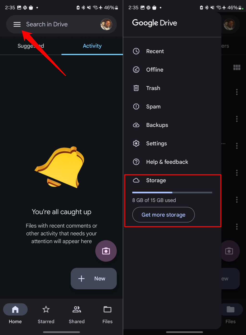 Storage availability in the Google Drive Android app