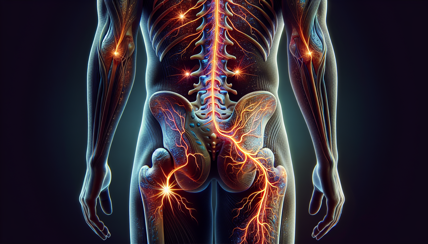 An illustration depicting the sciatic nerve and common symptoms associated with sciatica.