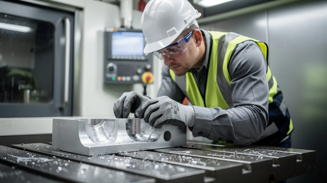 An engineer in safety gear is inspecting a machined steel part on a CNC machine table, ensuring it meets the project's requirements for precise dimensions and tight tolerances. The part, made from cold rolled or hot rolled steel, showcases a smooth surface finish indicative of high-quality manufacturing processes.