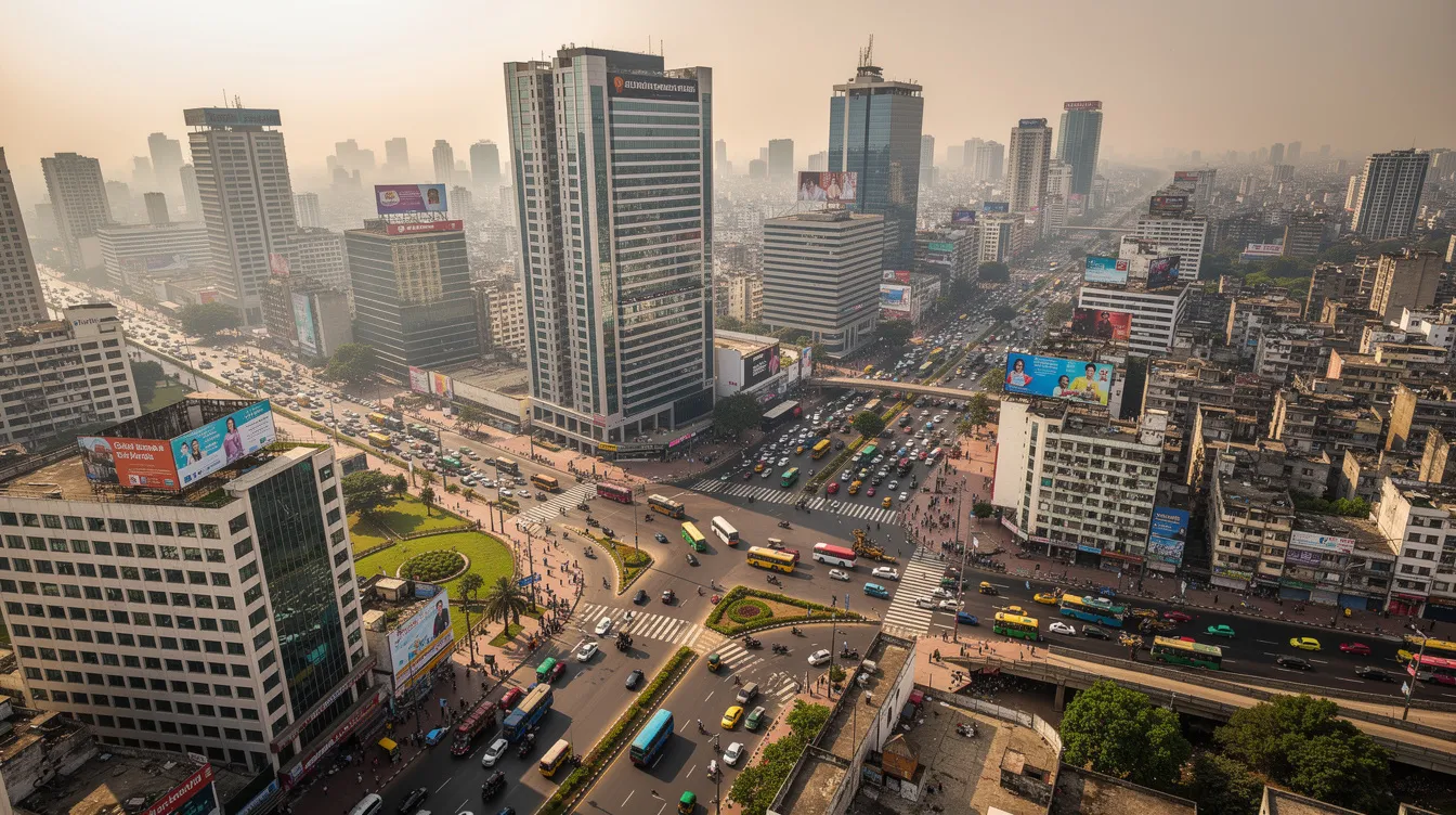 An aerial view of a bustling Indian city showcases modern buildings and busy roads filled with vehicles, highlighting the vibrant urban life. This scene reflects the dynamic environment where people may utilize services like online banking and money transfers to UCO Bank for their financial needs.
