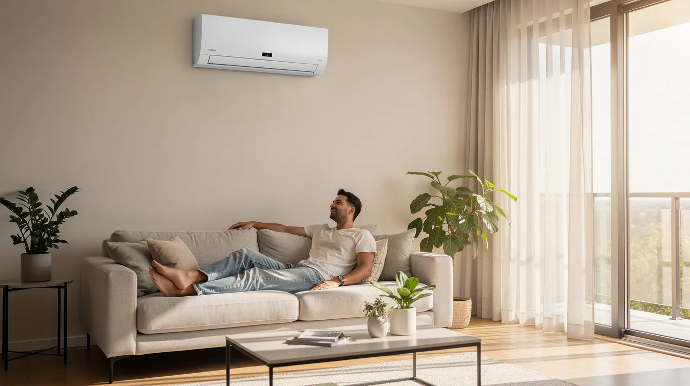 The image depicts a bright and modern living room where a person is relaxing on a comfortable couch. Above them, a wall-mounted inverter air conditioner unit is visible, providing efficient cooling, while sunlight filters through large windows with partially drawn curtains.