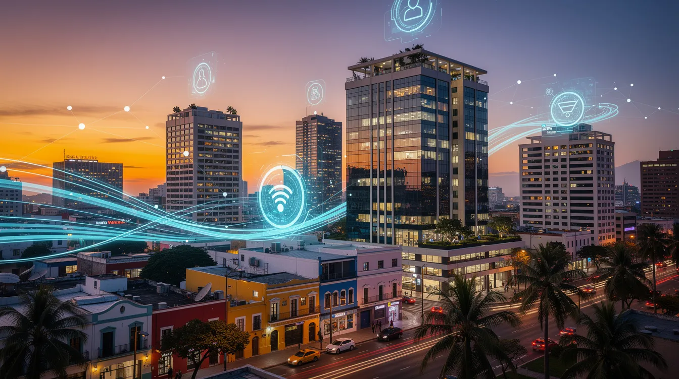 Una vibrante línea de horizonte de una ciudad latinoamericana al atardecer, donde se destacan modernos edificios de oficinas y símbolos de conectividad digital que representan la inteligencia artificial. La imagen refleja un entorno dinámico que sugiere oportunidades de negocio y el uso de herramientas de IA en ventas para mejorar la experiencia del cliente.