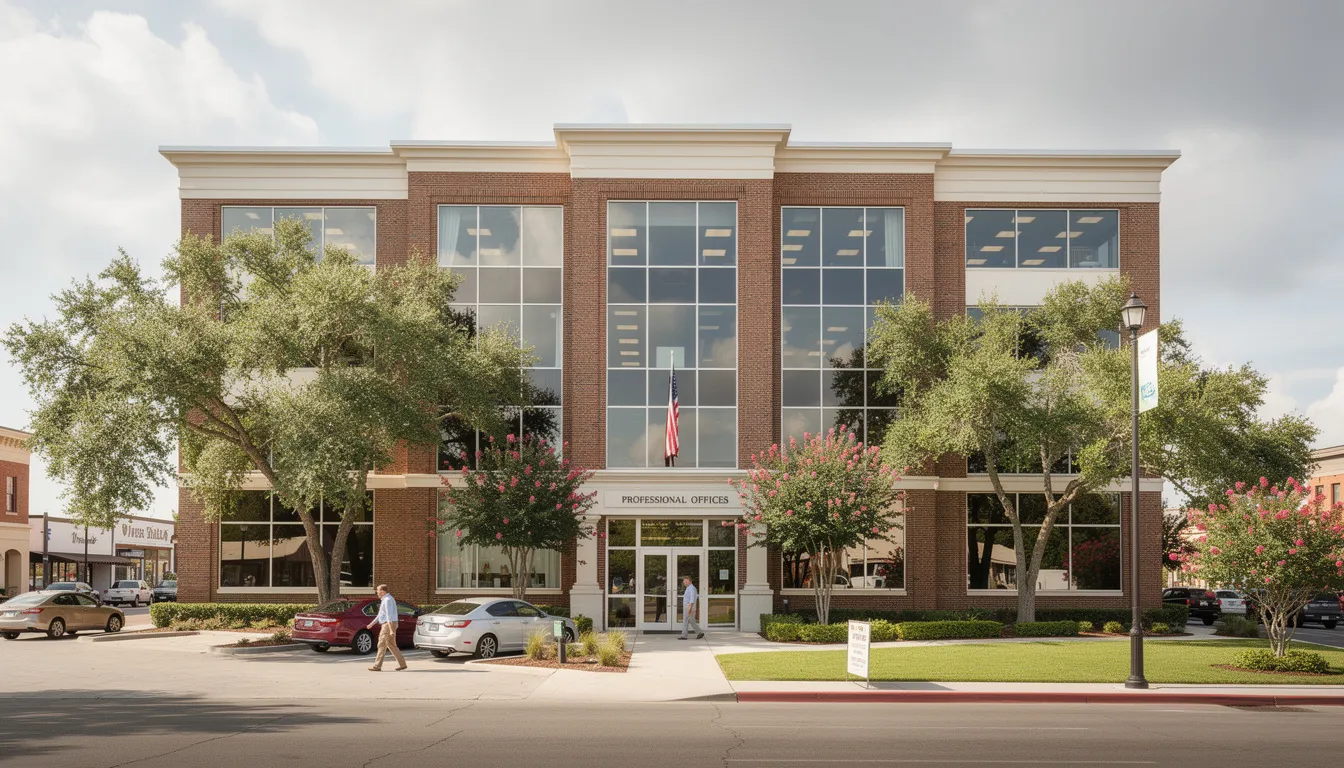 The image depicts a modern professional office building located in a small Louisiana city, showcasing a sleek facade and well-maintained landscaping. This setting may be relevant for individuals seeking information about social security disability benefits or assistance from the Social Security Administration.