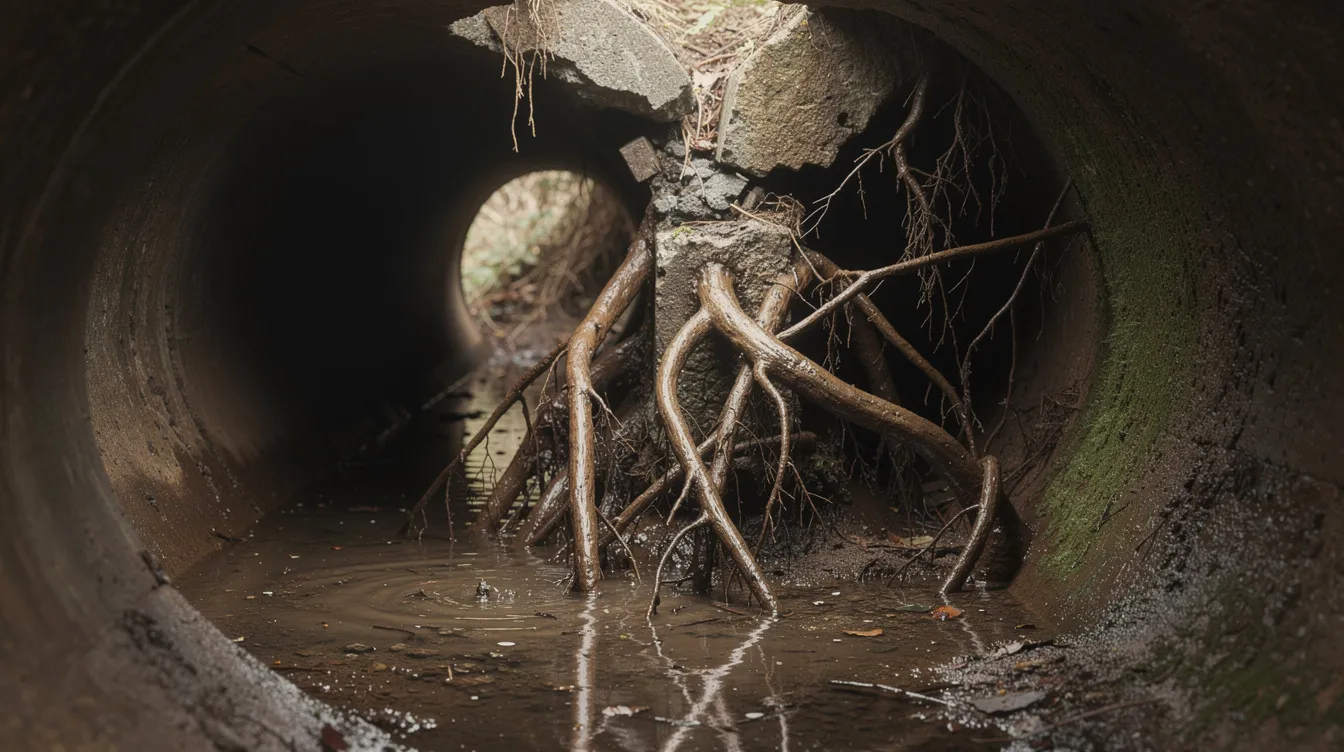 The image shows a close-up view inside a sewer pipe where tree roots have intruded through a cracked joint, with water pooling around them, indicating potential sewer line leaks. This scene highlights the importance of leak detection in plumbing systems to prevent property damage and identify hidden leaks.