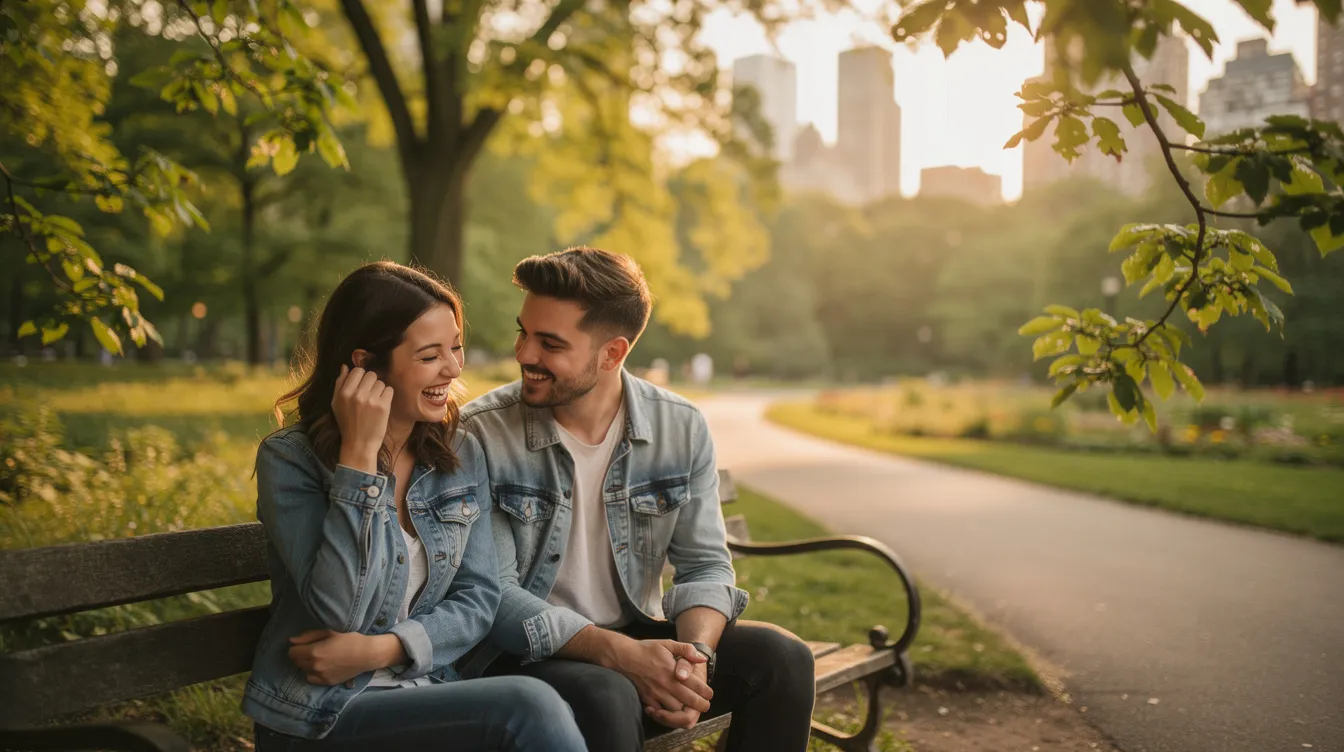 A couple is sitting on a bench in Central Park, enjoying a sunny day while engaging in a meaningful conversation on their first date. They share laughter and personal stories, creating an authentic connection as they ask each other deeper questions about their favorite childhood memories and hidden talents.