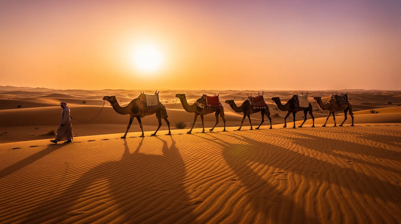 A camel caravan crosses the golden dunes of the Sahara Desert at sunset, with a warm orange sky illuminating the scene, capturing the essence of a great adventure in Morocco. This picturesque moment showcases the beauty of the Sahara, perfect for travelers exploring hidden gems on a private Morocco tour.