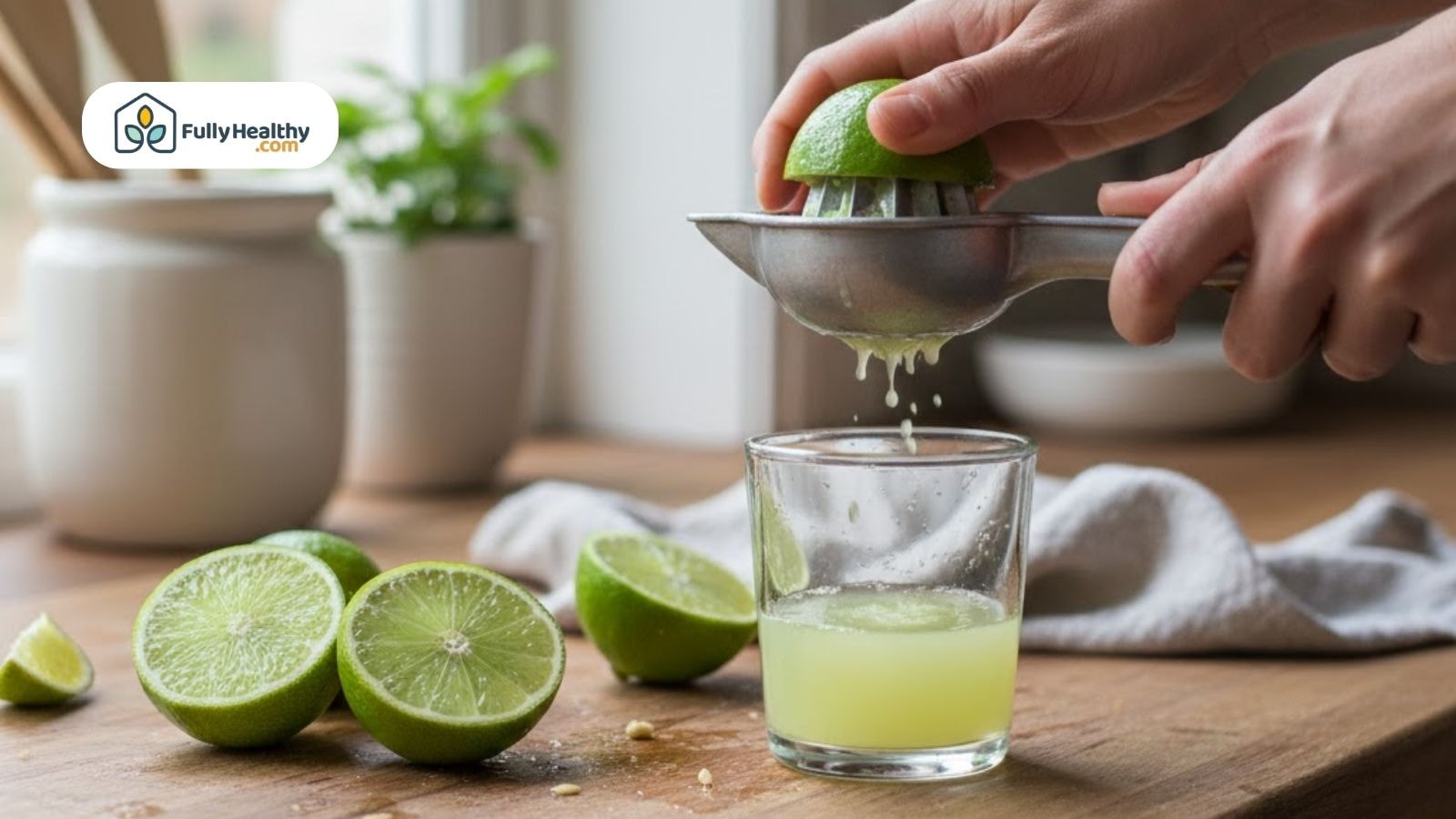 Fresh lime being squeezed into a glass with cut limes on a kitchen counter.