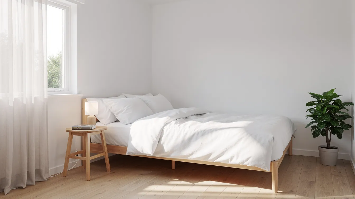 Das Bild zeigt ein kleines, helles Schlafzimmer mit einem niedrigen Bett auf schlanken Holzfüßen, das mit weißer Bettwäsche dekoriert ist. Ein kleines Fenster mit leichten Vorhängen lässt Tageslicht herein und sorgt für eine gemütliche Atmosphäre im Raum, ideal für eine ruhige Nachtruhe.